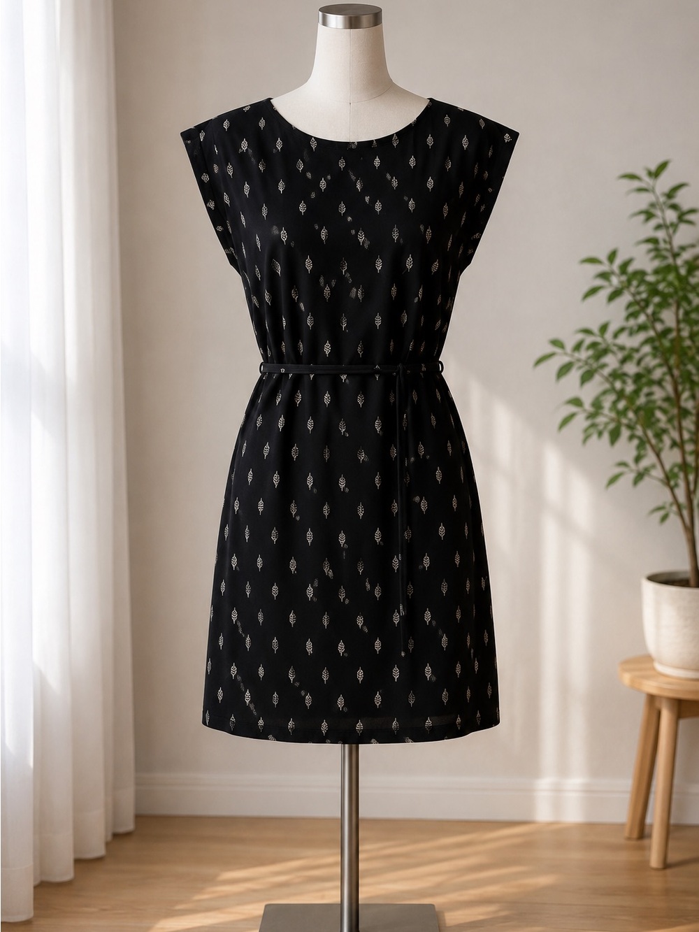 Black Printed Belted Cap-Sleeve Dress - Women's